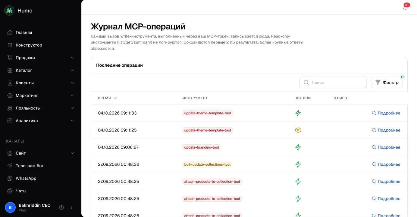 MCP audit jurnali: vaqt, vosita, dry run belgisi va mijoz