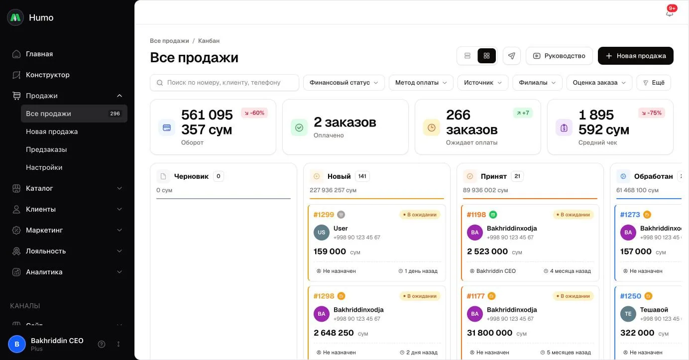 Ko‘rsatkichlar va holatlar bo‘yicha ustunlarga ega buyurtmalar kanban doskasi