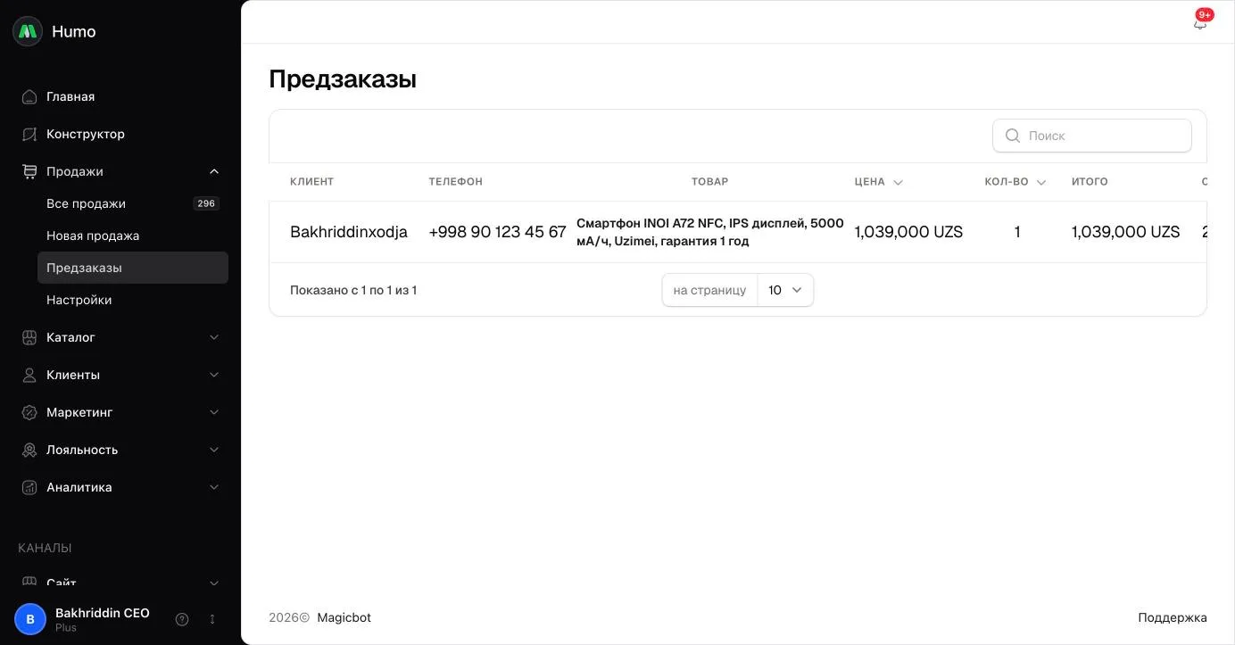 Holatlari ko‘rsatilgan oldindan buyurtmalar jadvali